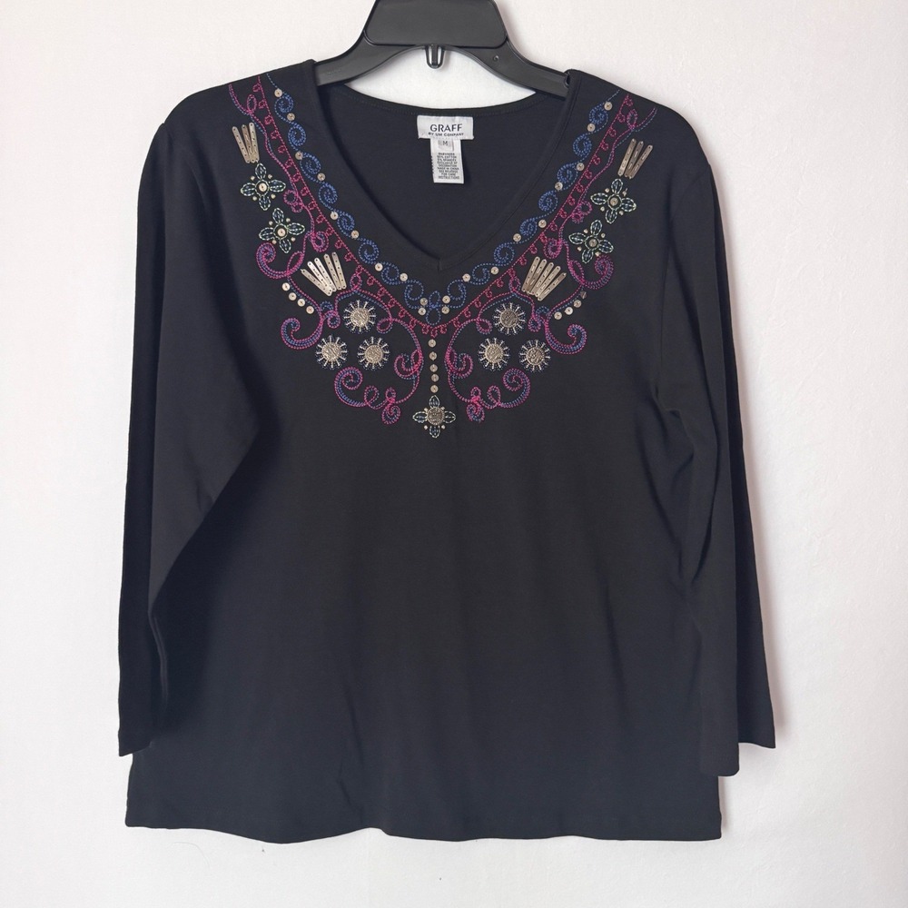 Graff Women M Top V-Neck Black 3/4 Sleeve Boho Embroidered